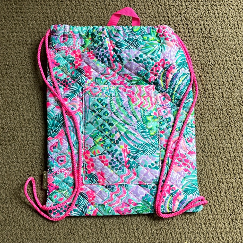 Lilly Pulitzer quilted Floral Pink & Green Drawstring Bag -beach, school, sports